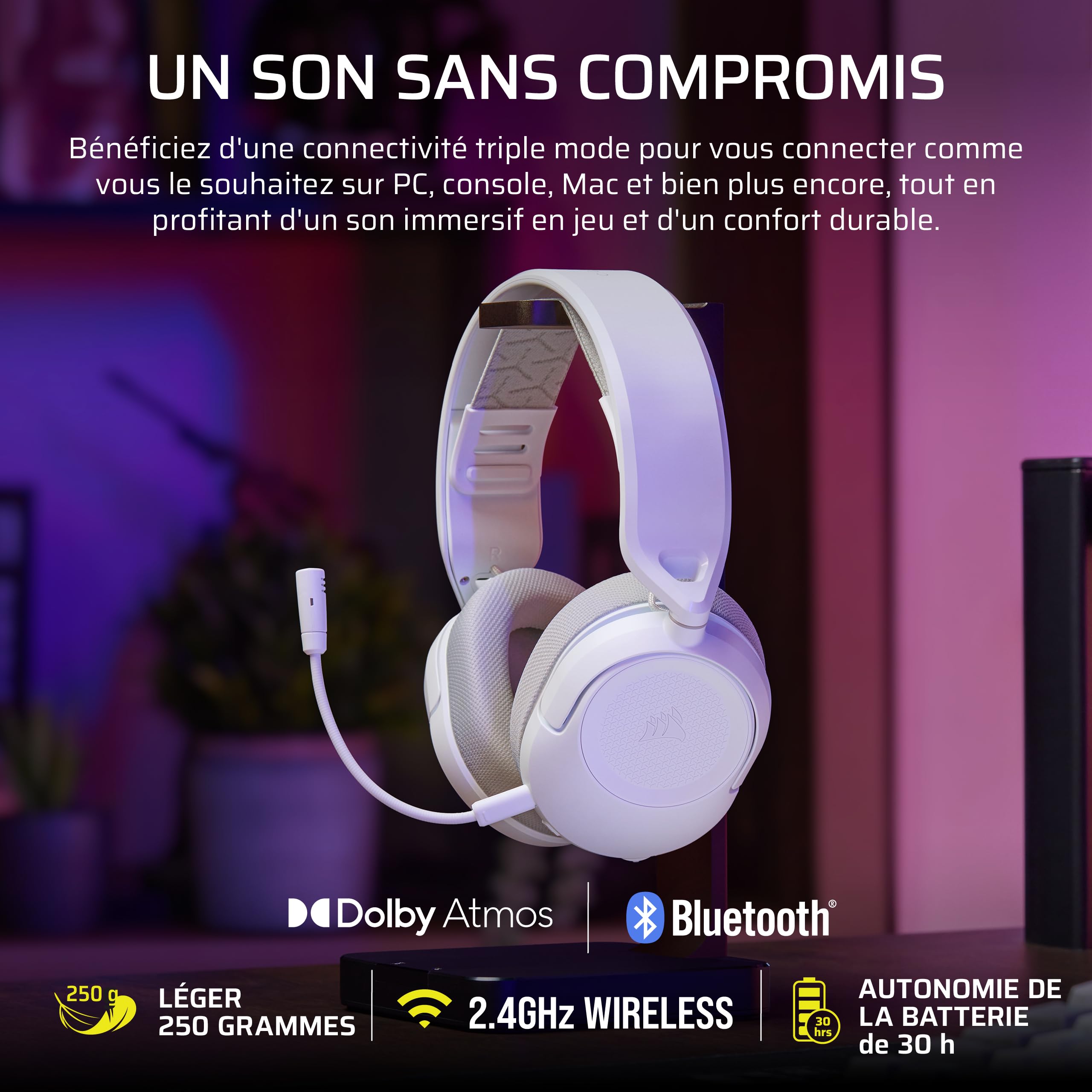 corsair-hs35-v3-casque-gaming-sans-fil-blanc-2-4-ghz-bluetooth-dolby-atmos-50-mm image 2