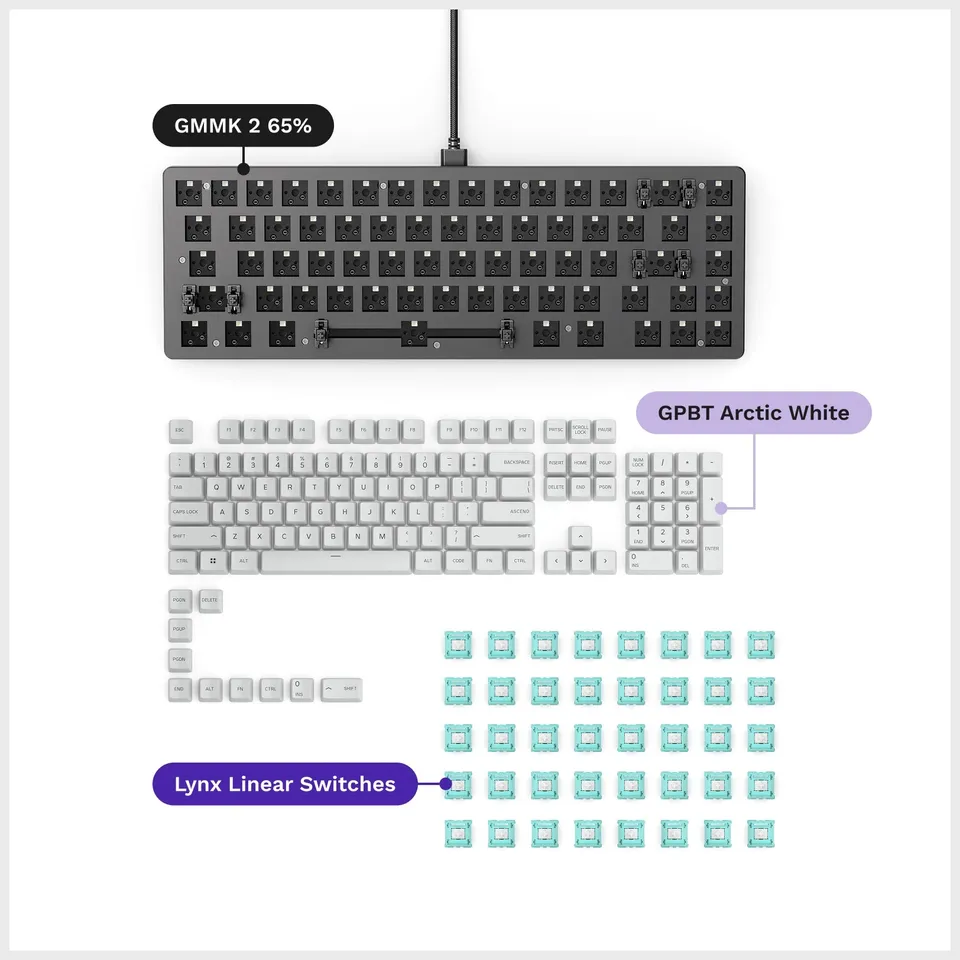 glorious-gmmk-2-65-bundle-arctic-white-clavier-barebones-switches-lynx-keycaps image 1