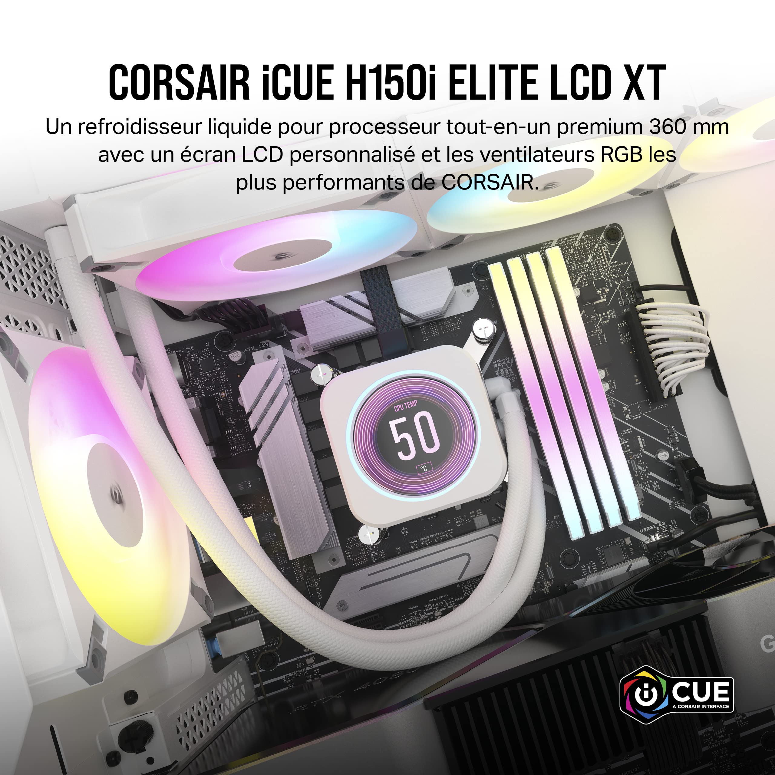 corsair-icue-h150i-elite-lcd-xt-watercooling-cpu-aio-360-mm-ecran-lcd-blanc image 2