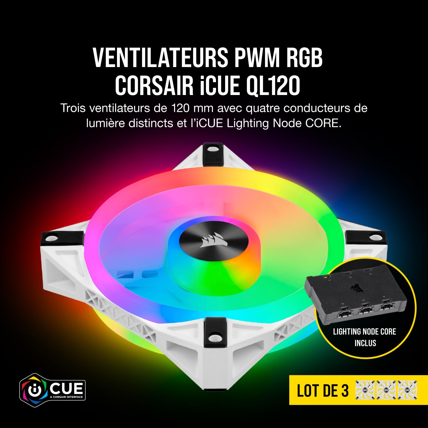 corsair-icue-ql120-rgb-blanc-lot-de-3-ventilateurs-pc-120-mm-lighting-node-core image 3