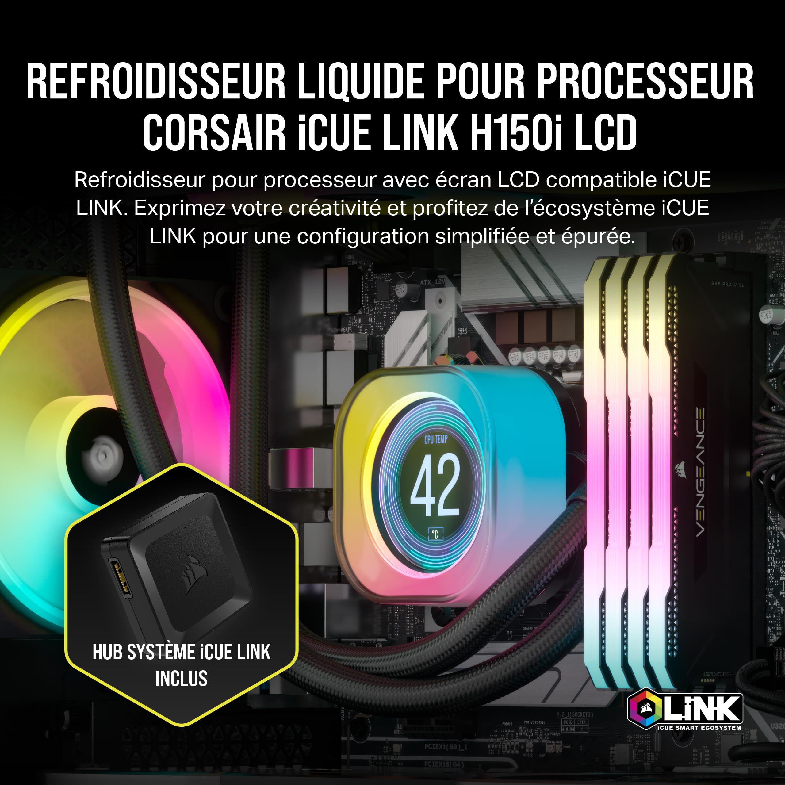corsair-icue-link-h150i-lcd-watercooling-cpu-360mm-noir image 2