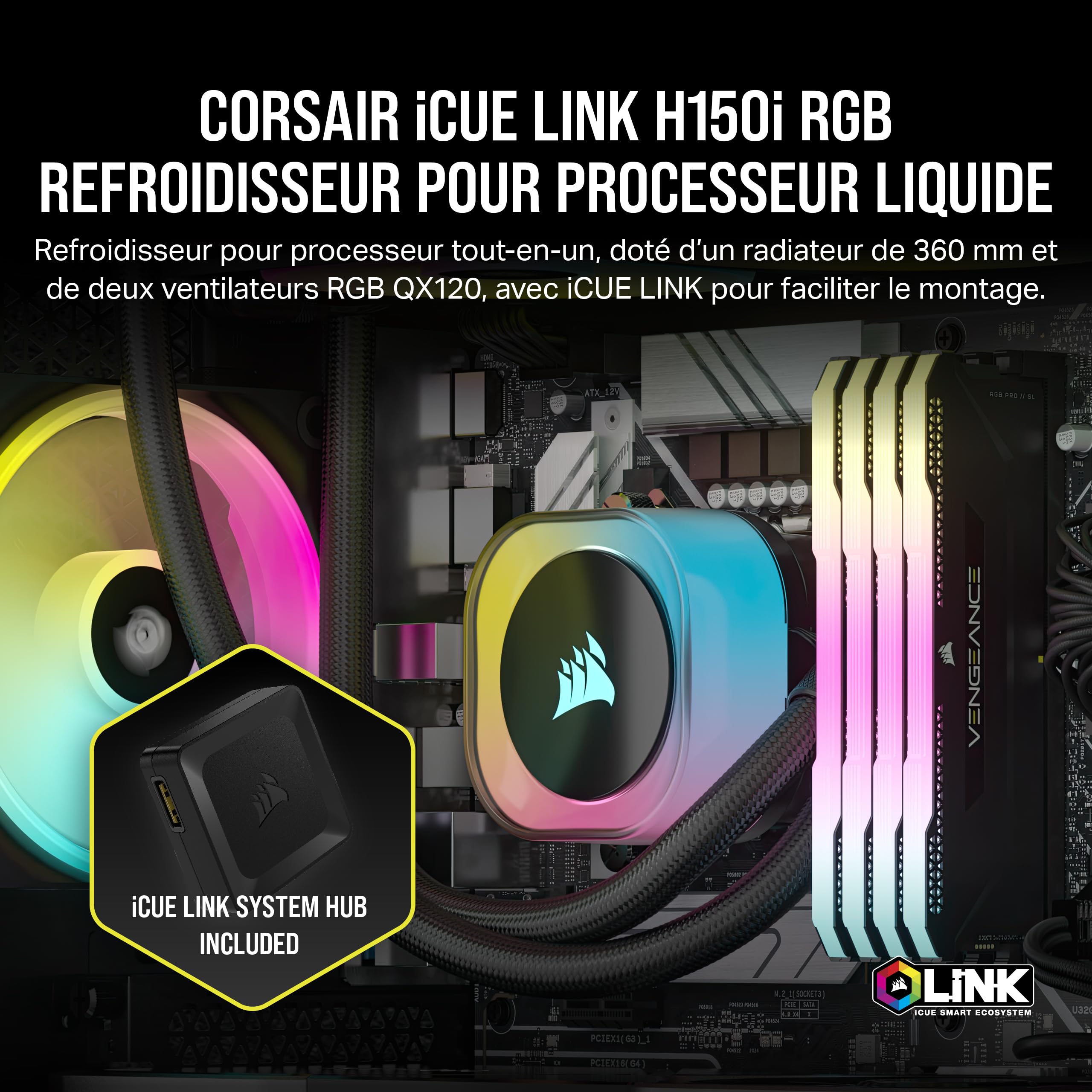 corsair-icue-link-h150i-rgb-360mm-watercooling-cpu-qx120-rgb-noir image 2