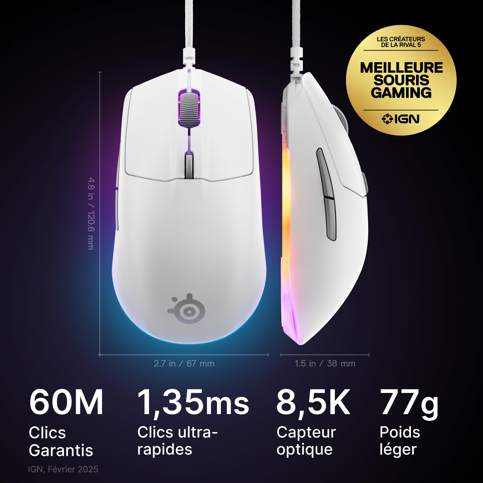 steelseries-rival-3-gen-2-souris-gaming-filaire-blanc image 2