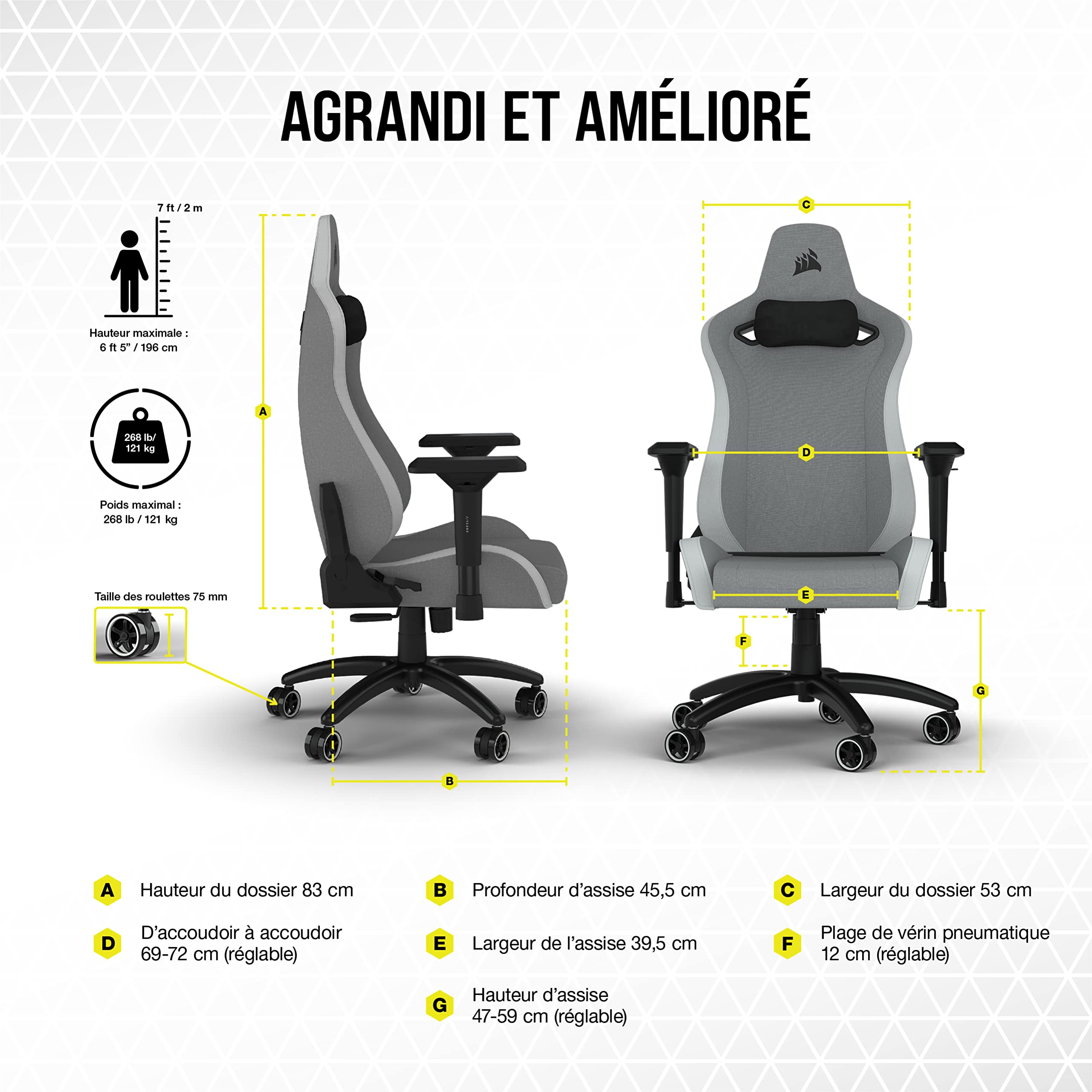 corsair-tc200-fabric-fauteuil-gaming-tissu-gris-clair-blanc-accoudoirs-4d image 3
